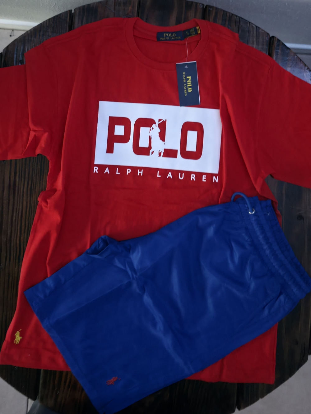 Polo by Ralph Lauren Red Logo Tee with Blue Swim Trunks